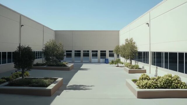 Courtyard architecture creating a liminal space, surrounded by large office buildings featuring rows of dark windows, with shade trees and planters under a clear blue sky on a sunny day