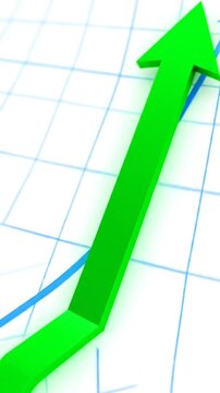 A green arrow pointing up on a blue line graph with a grid background indicating growth and success in business or finance