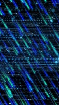 Vertical video: Data rain starting top left, flowing lower right, streaks brightening, showing data