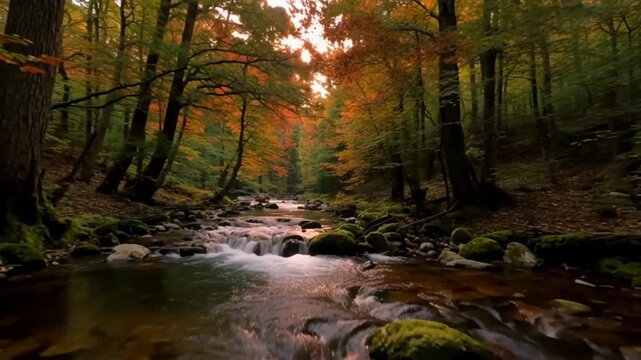 A serene forest stream flows gently over rocks, surrounded by vibrant autumn foliage and warm sunlight filtering through trees in a natural landscape
