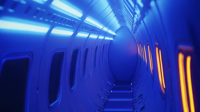 Futuristic spaceship cabin corridor with glowing blue neon guiding an empty curved pathway, subtle warm window light on sleek metal walls, clean modern sci fi atmosphere