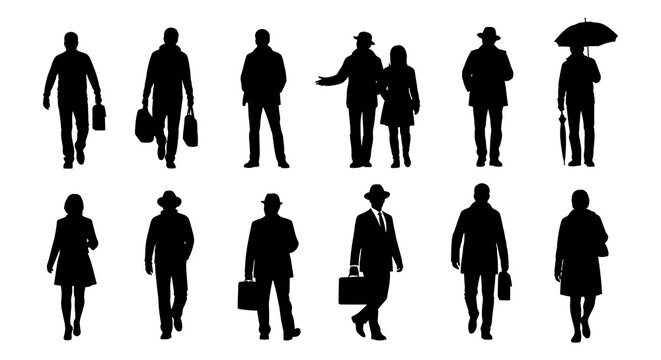 A collection of black silhouette figures depicting diverse people walking and carrying items