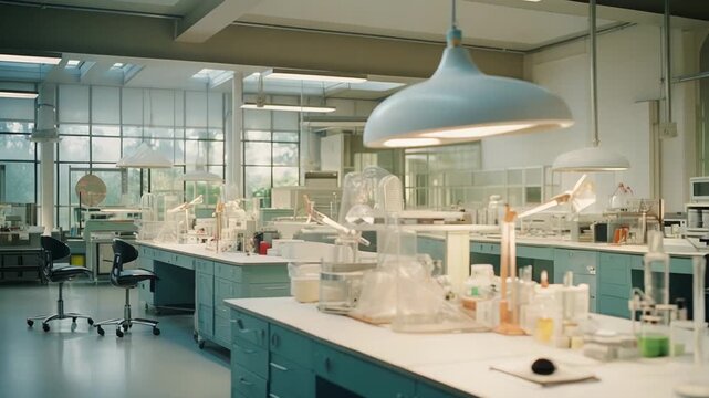 Bright and clean research laboratory setting with various scientific equipment, glassware, and work surfaces, reflecting professional environments in chemistry and experimentation