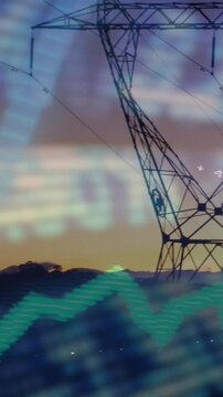 Vertical video: Pan starting waveform pulsing and data scrolling across tower, showing power flow