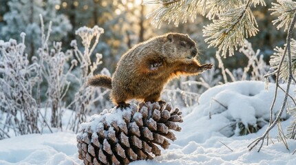 Obraz premium Groundhog standing on a large pine cone in a snowy winter forest. Groundhog Day concept