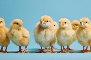 Fototapeta premium Chicks gather on a blue background during a colorful farm setting