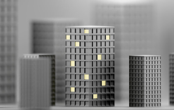 Monochromatic City Block Model Featuring Modern Grid Pattern Buildings with Warm Light Windows