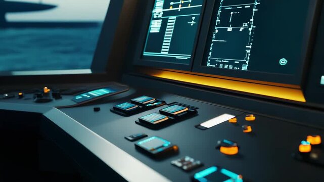 Vessel bridge console featuring advanced controls and digital screens, displaying navigation data for maritime transportation and modern technology operations