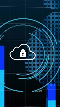Vertical video: Cloud lock fading in, rings spinning, bars rising, map filling, showing secure data