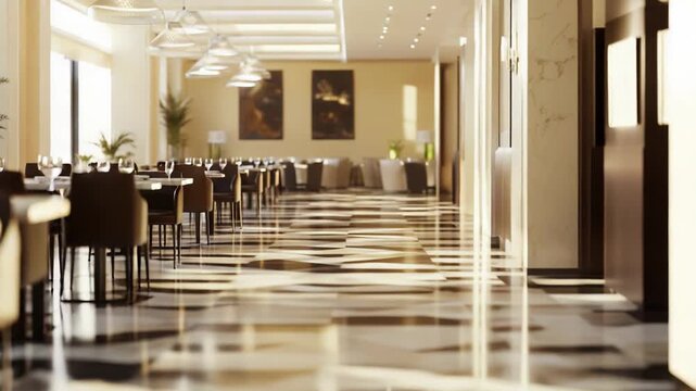 Modern restaurant interior design featuring rows of tables and chairs, a checkered marble floor reflecting sunlight, and a welcoming atmosphere for fine dining