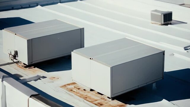 White commercial flat roof with multiple rectangular hvac and ventilation units, showcasing industrial rooftop mechanical equipment and climate control infrastructure under clear sunny sky