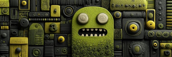 Fototapeta premium A green, cartoonish creature with wide eyes peeks from a grid of mechanical parts. The playful scene blends whimsy, tech, and retro-futuristic charm.