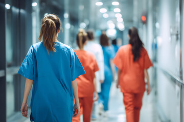 Medical staff walk down a hallway in a healthcare facility during a shift change at night