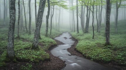 Fototapeta premium Misty forest stream, spring foliage, nature scene, tranquil mood, background blur, nature wallpaper