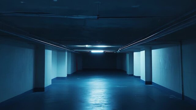 Long empty underground parking space with concrete pillars and minimalist walls, creating a sense of isolation and a cold, vast emptiness under the dim, artificial blue light