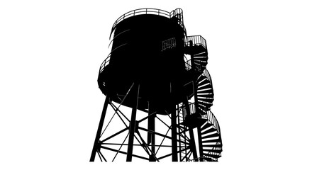 A striking silhouette of a black water tower with a winding staircase © arfanah02