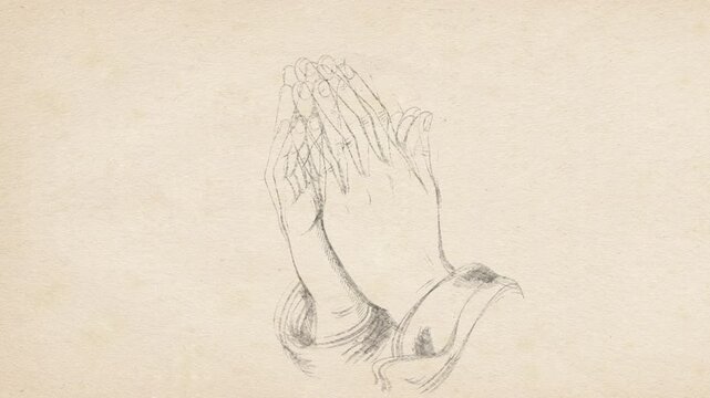 Hand Drawn Sketch Animation of Praying Hands on Vintage Paper Background for Spiritual and Religious Concepts