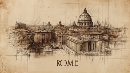 Naklejka na ściany i meble “ROME” sits beneath a detailed ink-and-wash skyline featuring St. Peter’s Basilica and ancient domes. The vintage illustration honors eternal beauty, heritage, and classical majesty.