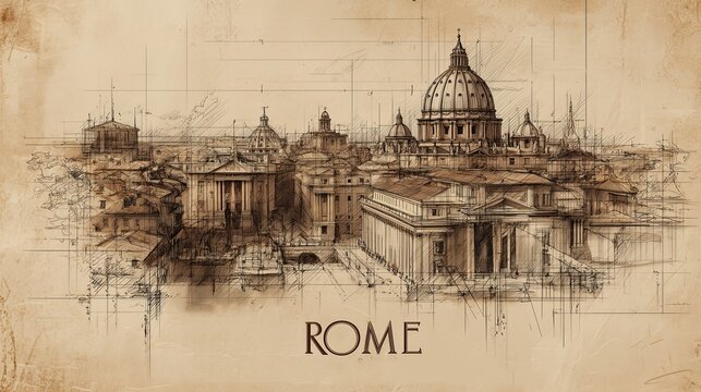 &ldquo;ROME&rdquo; sits beneath a detailed ink-and-wash skyline featuring St. Peter&rsquo;s Basilica and ancient domes. The vintage illustration honors eternal beauty, heritage, and classical majesty.