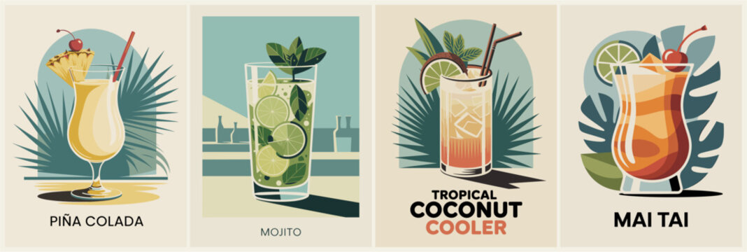 Set of four retro-style cocktail illustrations arranged in a horizontal triptych layout. Features Pi&ntilde;a Colada, Mojito, Tropical Coconut Cooler, and Mai Tai