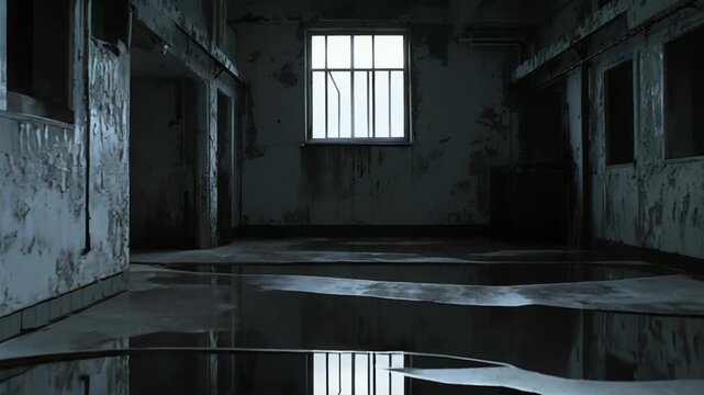 Dilapidated interior of an old building revealing a barred window reflecting in a puddle on the grungy floor, creating a desolate and mysterious atmosphere