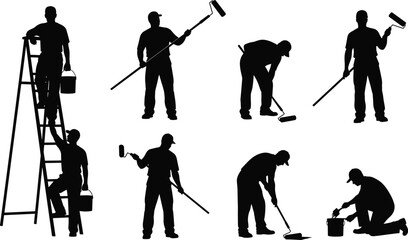 House painter silhouettes with roller and ladder, professional painting service workers isolated on white background, home renovation and interior exterior maintenance concept illustration © abu's world