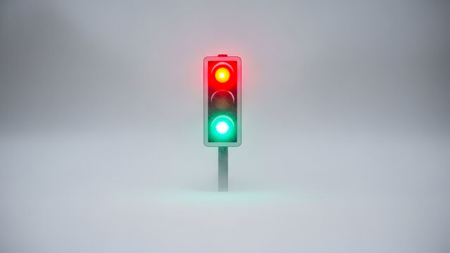 Traffic light with both red and green signals illuminated simultaneously on a bright background for conflicting choices concept and complex decision-making