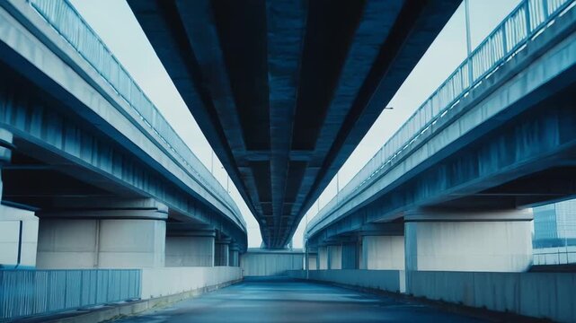 Concrete highways and bridges forming an elevated interchange, creating a complex infrastructure network for transportation and urban connection with an industrial aesthetic