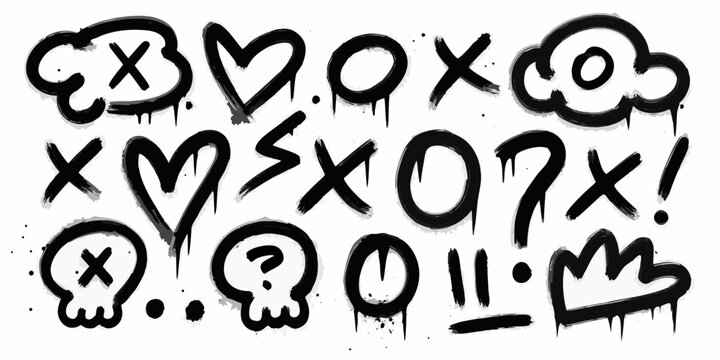 Black and white spray paint graffiti with various symbols and characters