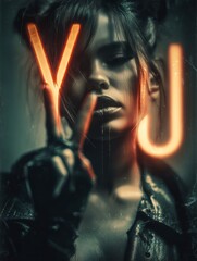 Obraz premium A woman makes a V-sign with neon-lit fingers bold, edgy, and defiant. The dramatic lighting highlights rebellion, youth culture, or empowerment.