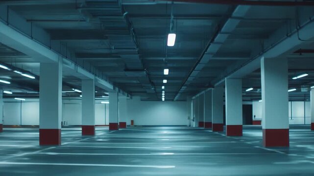 Large empty multi level underground parking facility with concrete pillars, fluorescent lights, and parking spaces, conveying stillness, security, and urban infrastructure