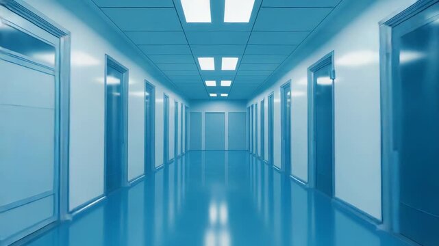 Empty hospital corridor featuring multiple doors, sterile environment, blue floor, and recessed lighting, conveying concepts of modern healthcare, medical facility, and advanced technology