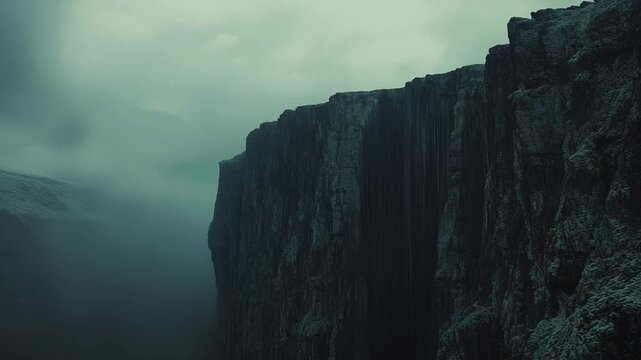 Towering cliff wall rises steeply, disappearing into thick fog and mist, creating a mysterious and gloomy atmosphere in a dramatic wilderness landscape