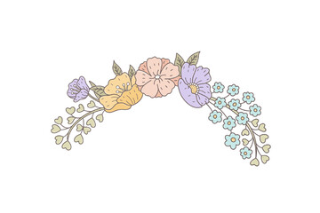 Delicate hand drawn floral arrangement in pastel colors arching wreath of flowers and leaves isolated on transparent background