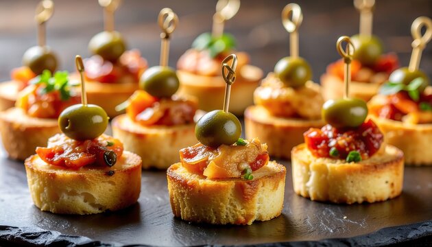 Array of gourmet mini appetizers, perfect for elegant parties and social gatherings, featuring delicious crostini with savory toppings and olives on a dark serving platter
