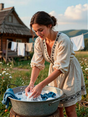 Woman Washing Clothes by Hand in Rustic Countryside Backyard