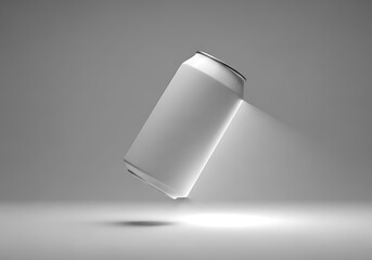 A floating blank silver can illuminated by a spotlight in a studio setting