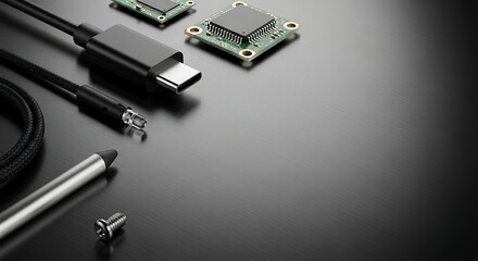 Close-up of Electronic Components and Cables on a Reflective Surface.