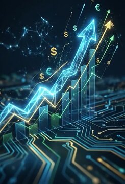 Digital economy grows with rising stock charts on circuit board background