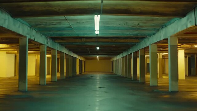 Long underground parking garage structure with rows of concrete pillars extending into the distance, illuminated by dim fluorescent lights creating a mysterious atmosphere