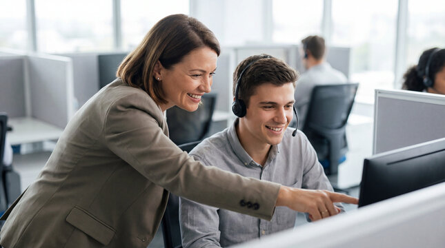 Manager coaches support agent at desk. Support team uses headset and monitor for customer support training, service quality focus for customer service week, back to work onboarding, new year goals
