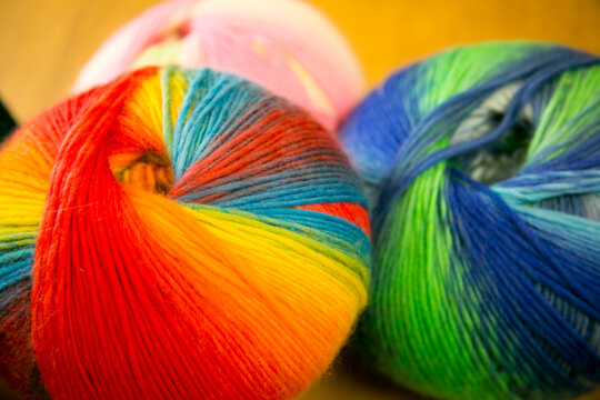 Taos, New Mexico, USA. Rainbow colored balls of yarn