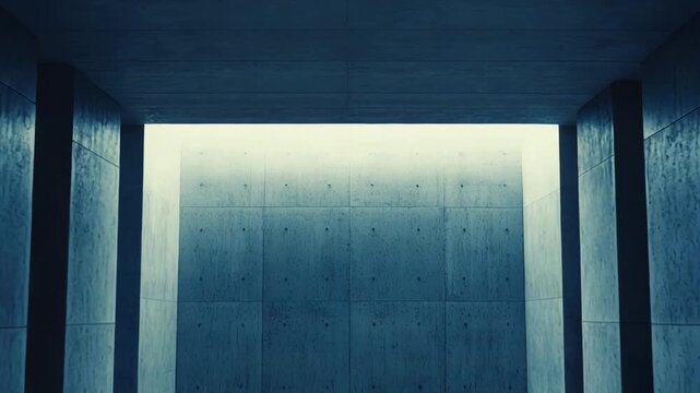 Illuminated empty room with concrete walls, creating a minimalist brutalist architectural space with strong perspective and a cool, blue light ambiance, reflecting modern design