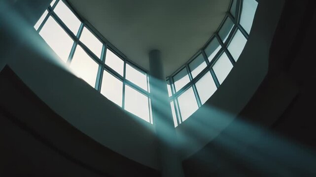 Modern building interior featuring towering windows and a central column, with bright sunbeams illuminating the space and creating a sense of openness