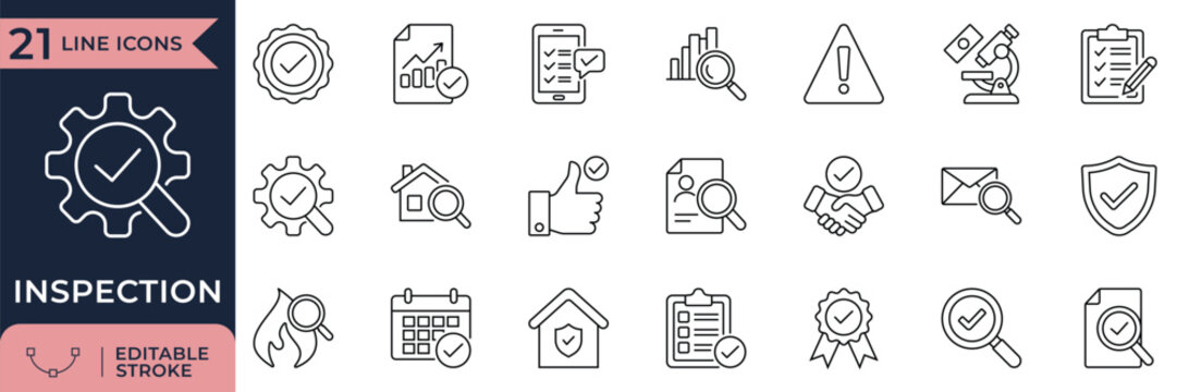 Inspection Audit Quality Control Line Icon Set