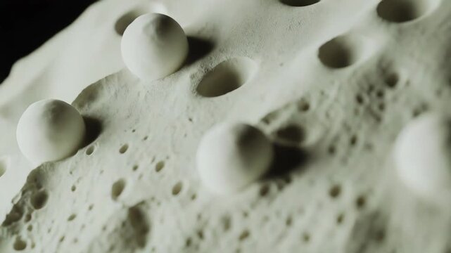 Porous white organic surface with many small holes and craters, detailed macro texture forming an abstract, weathered stone like pattern ideal as background or wallpaper