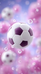 Naklejka premium Soccer ball in motion surrounded by colorful bubbles and soft pink background, showcasing dynamic design elements and vibrant colors