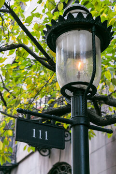 New York City, NY, USA.  Antique gas street lamp