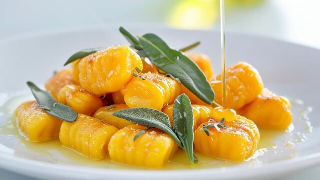 Plate of pumpkin gnocchi with sage leaves and butter sauce, fresh homemade Italian dish in bright natural light