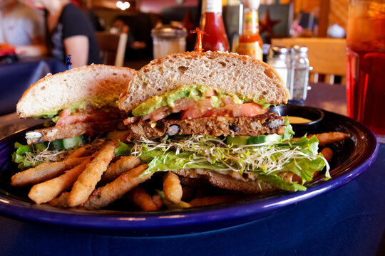 Los Alamos, New Mexico, United States.  Vegetarian burger and fries